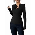 thumbnail image 3 of Women's Metal Ring Long Sleeve Asymmetrical Neck T Shirt Slim Fit Ruched Going Out Tops Black XXL, 3 of 9