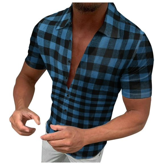 snowsong Mens Shirts,2024 New Men's Stylish Casual Brushed Flannel Checked Button-Down Short-Sleeved Shirt Top,Button Down Shirt Men,Short Sleeve Shirt,Big and Tall Shirts,(Clearance) Light Blue 3XL