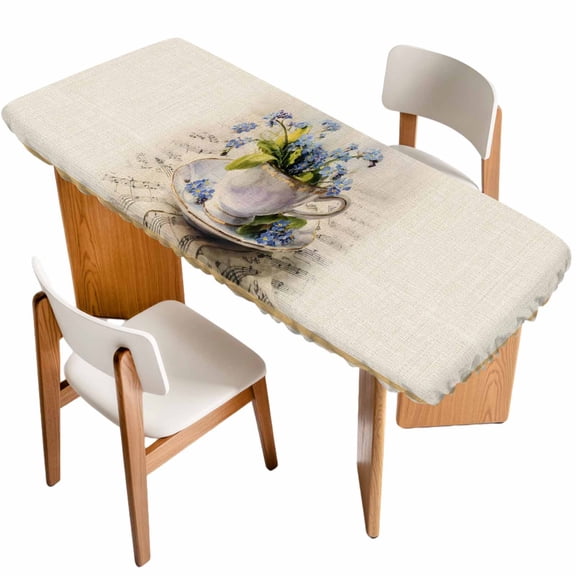 Spring Blue Flowers Table Cloths for 8 Foot Rectangle Tables, Vintage Tea Cup Phrases Pastoral Patio Waterproof Elastic Fitted Tablecloths, Washable Rectangular Table Cover for Camping