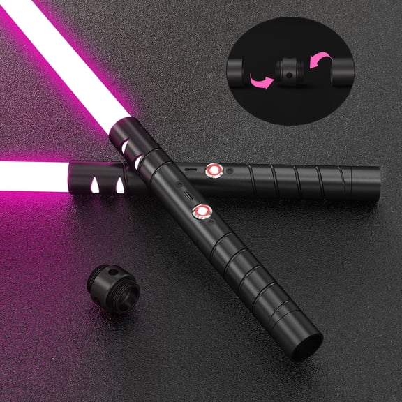 JvmuSaber Mini 2-in-1 Real Lightup Saber RGB Toys, Double-Bladed Dueling Lightup Saber with 15 Colors 4 Sound Modes for Galaxy War Fighters Adults Present