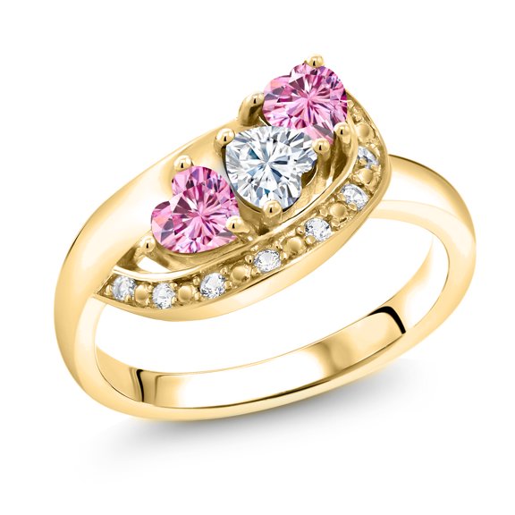 Gem Stone King 18K Yellow Gold Plated Silver White Moissanite and Pink Moissanite and White Created Sapphire Engagement Ring for Women (0.79 Cttw, Gemstone , Heart Shape 4MM, Size 6)