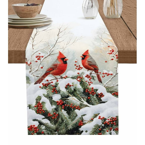 Ldtrchee Christmas Table Runner 72 Inches, Red Birds Snowflake Berry Botanical Bed Runner Dresser Scarves Tabletop for Indoor Outdoor Parties/Ceremony/Banquet, 14" x 72"