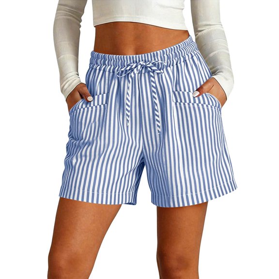 Summer Shorts for Women 2026 Casual Trendy Vacation Beach Cotton Linen Elastic Waist Drawstring Shorts with Pockets Dark Blue S