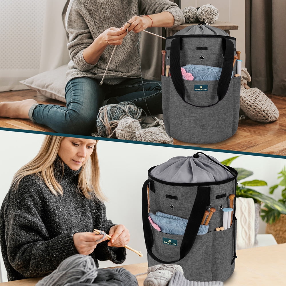PAVILIA Knitting Bag Crochet Organizer Bag, Yarn Storage Tote, Knitting Accessories Supplies, Yarn Holder For KnittingWith Grommets, Needles Hooks Essentials, Crochet Project Case (Charcoal Gray)