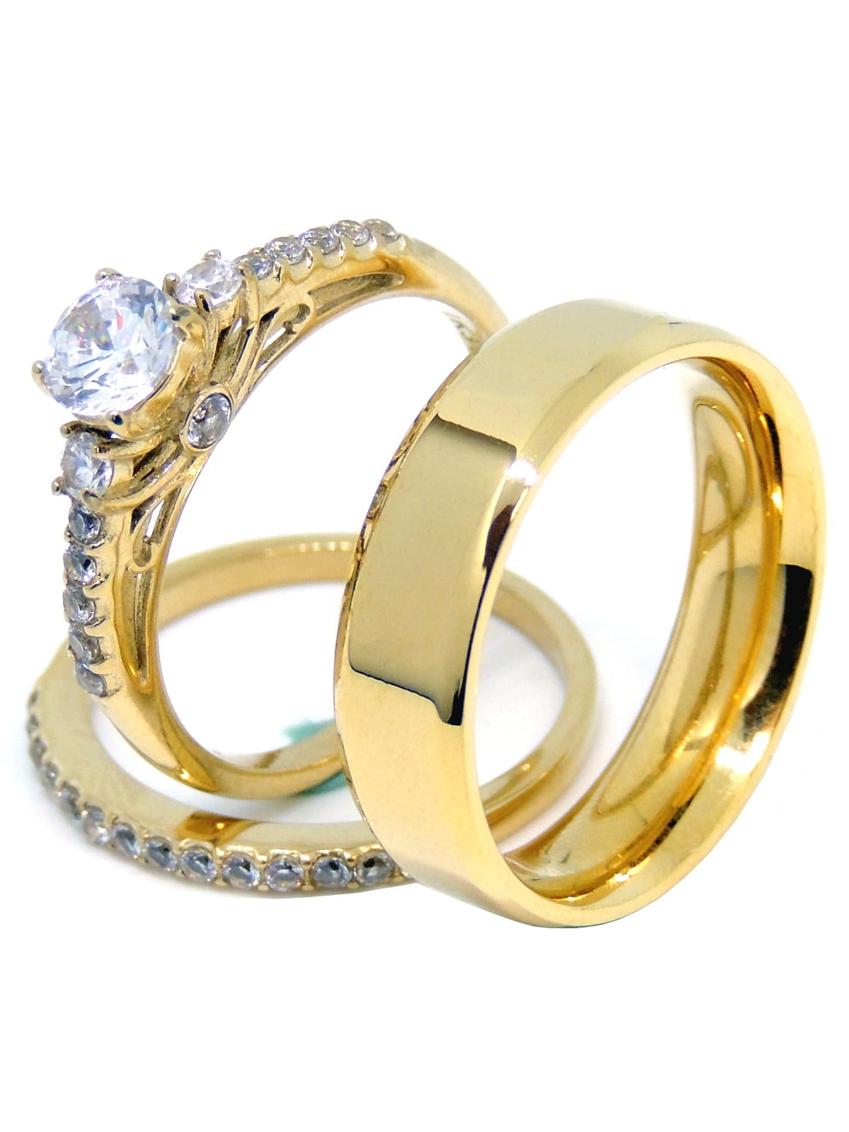 3 Stone Type 6mm Princess CZ Womens 14K Gold IP Stainless Steel Wedding Ring Set 