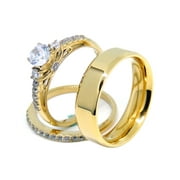 Couple Rings Set Womens Gold IP Stainless Steel 5mm Round CZ Wedding Ring Mens Gold Flat Band- Size W5M10