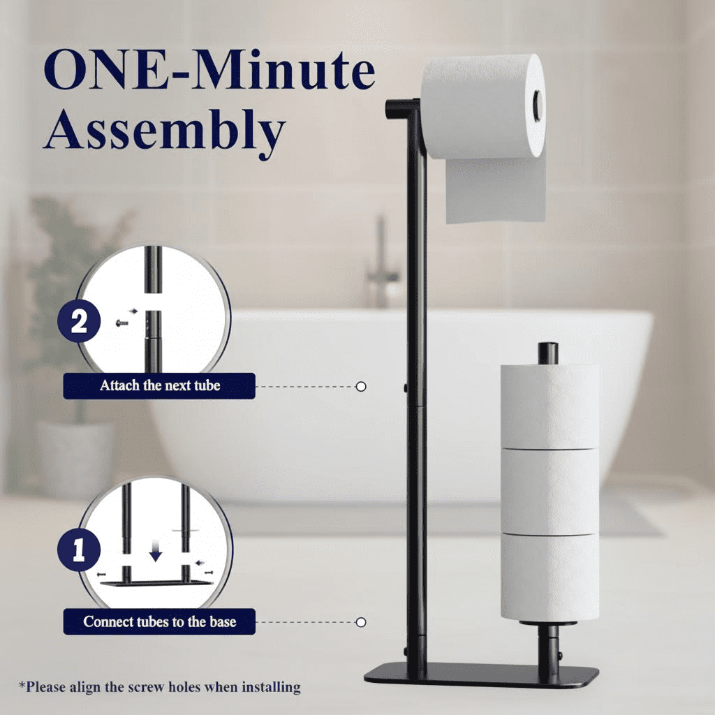Freestanding Toilet Paper Holder with Large Capacity for 4 Rolls, Rustproof and Stable Base with Non-Slip Design, Medium Size in Black Finish