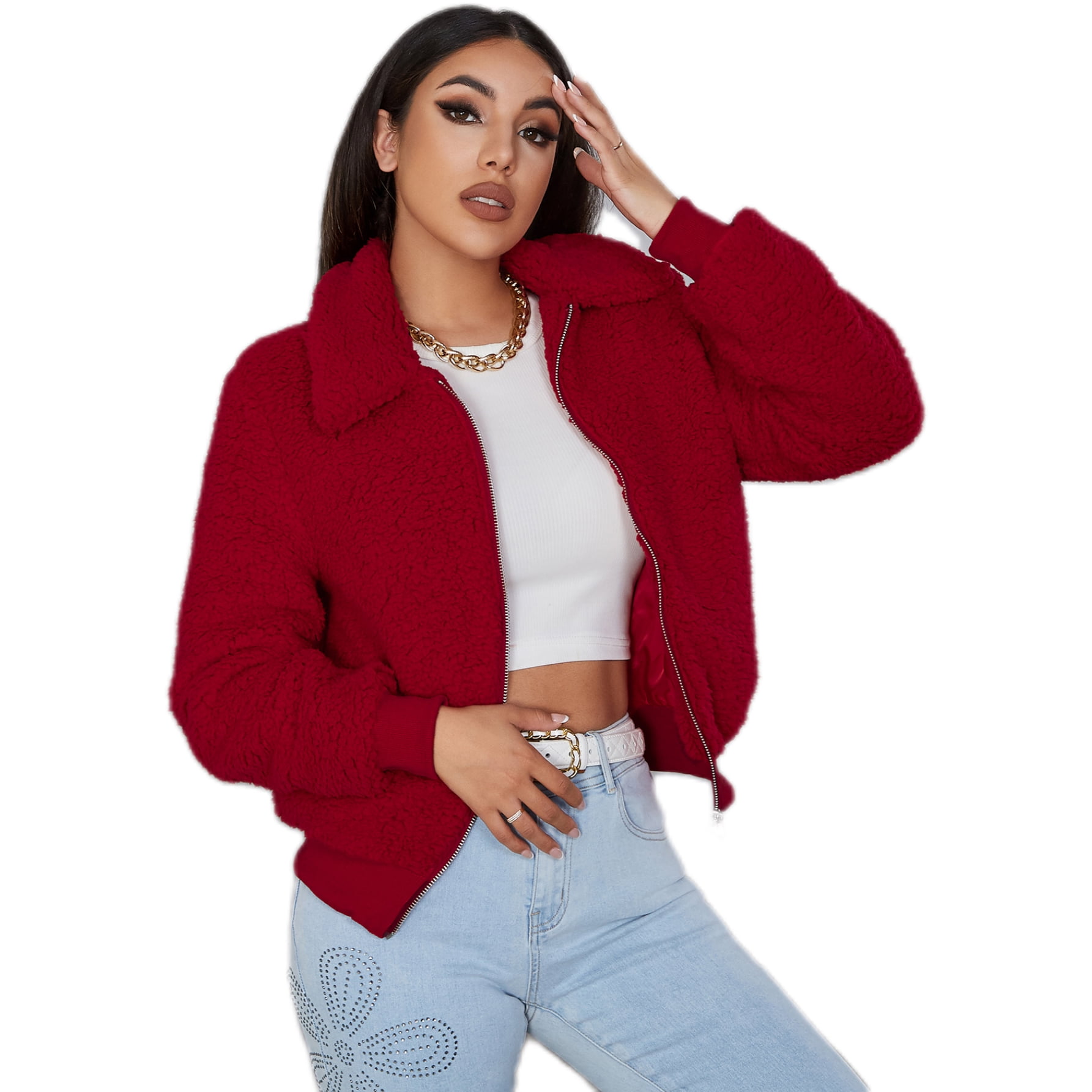 EILLY BAZAR Zip Up Teddy Jacket for Women Long Sleeve Female Crop Length  Red Jacket S