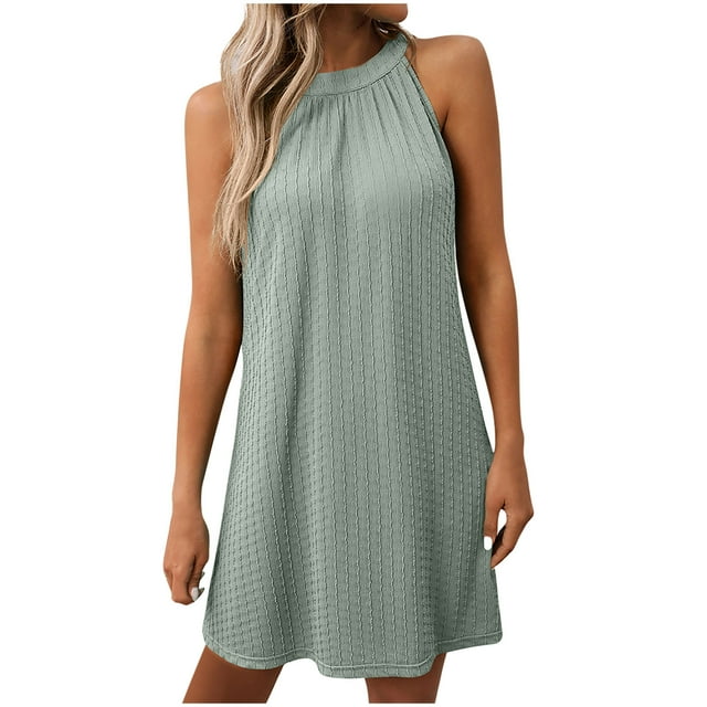 hotojiny Robes d'Été pour Femmes Respirantes Ajourées à Col Licou Mini Robes Boho Sans Manches Robe de Plage Couvre-Bikini U.S