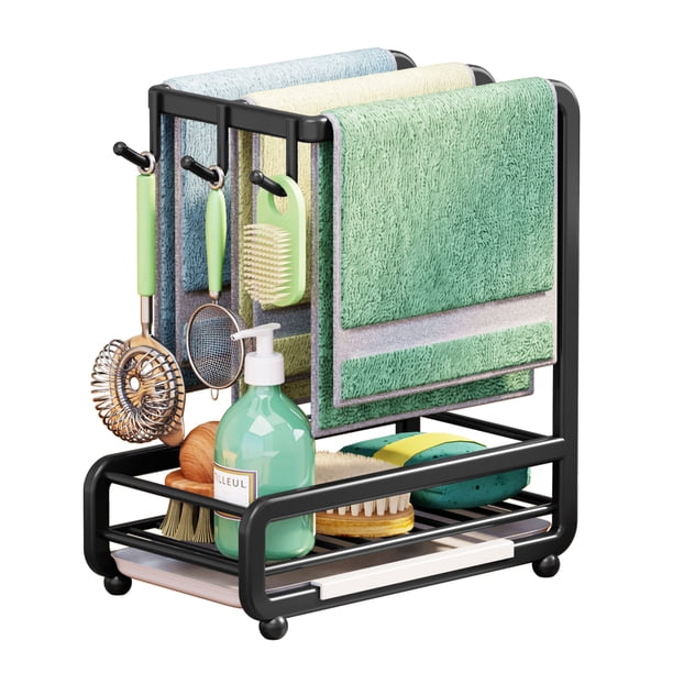 Organizador para fregadero de cocina, acero al carbono, montado en la pared o en la encimera, toalleros, soporte para esponja con bandeja de goteo extraíble, organización y almacenamiento de cocina, c