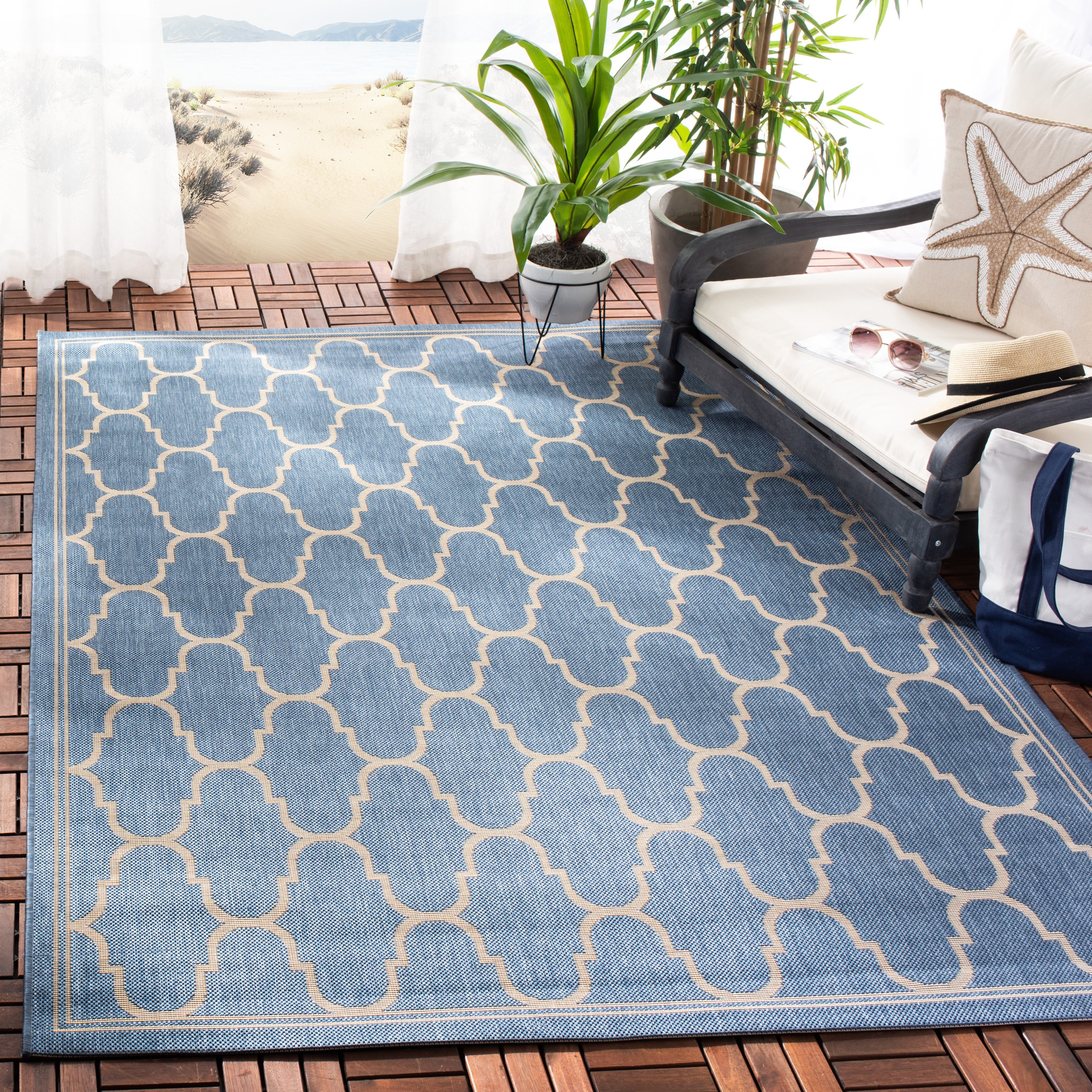 SAFAVIEH Courtyard Eustacia Geometric Indoor/Outdoor Area Rug, Blue/Beige, 4' x 5'7"