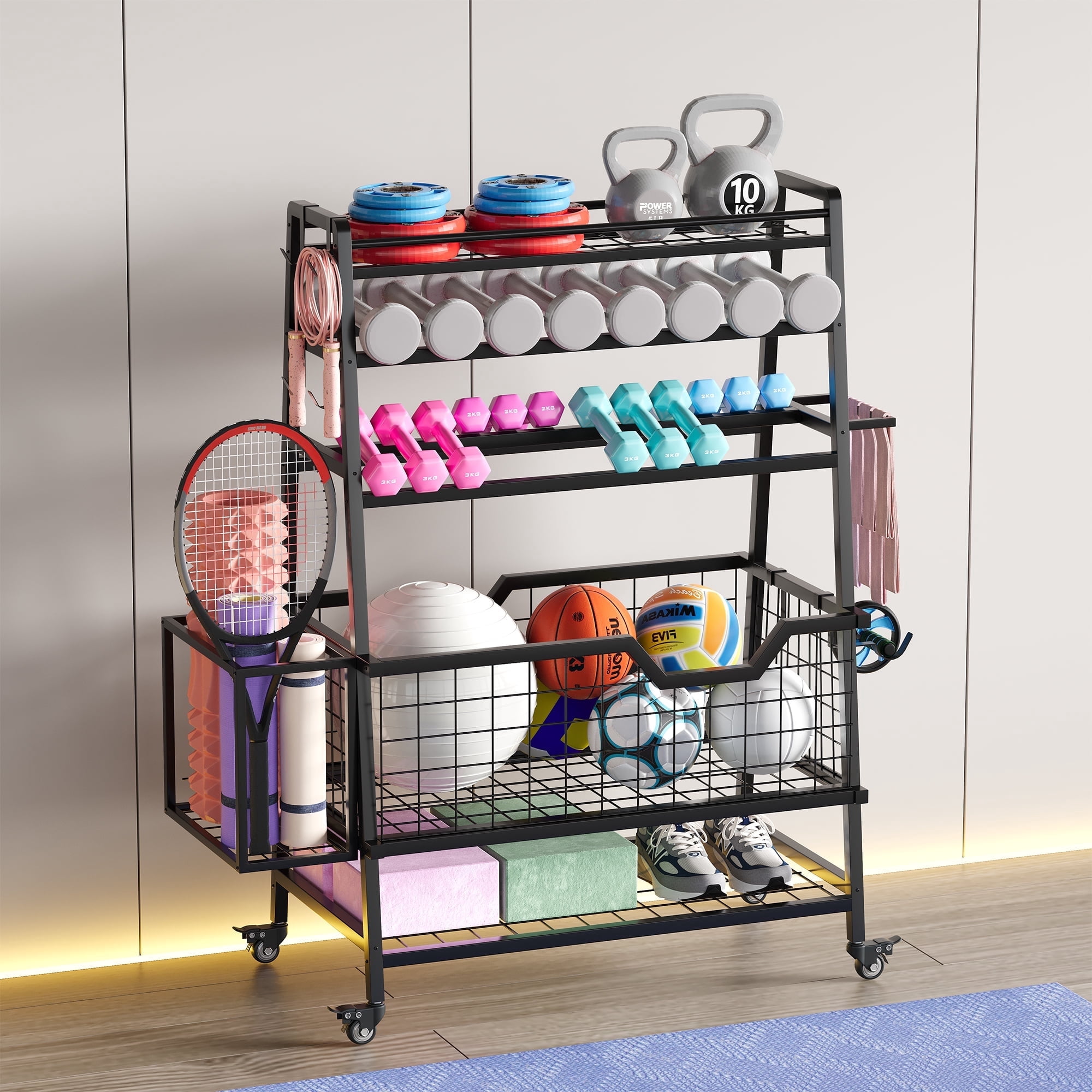 Advwin Dual-Sided Dumbbell Rack, Adjustable All-in-one Home Gym Storage Rack for Dumbbells, Kettlebells, Yoga Mats, Foam Rollers, Workout Equipment Storage Organizer with Hooks & Wheels