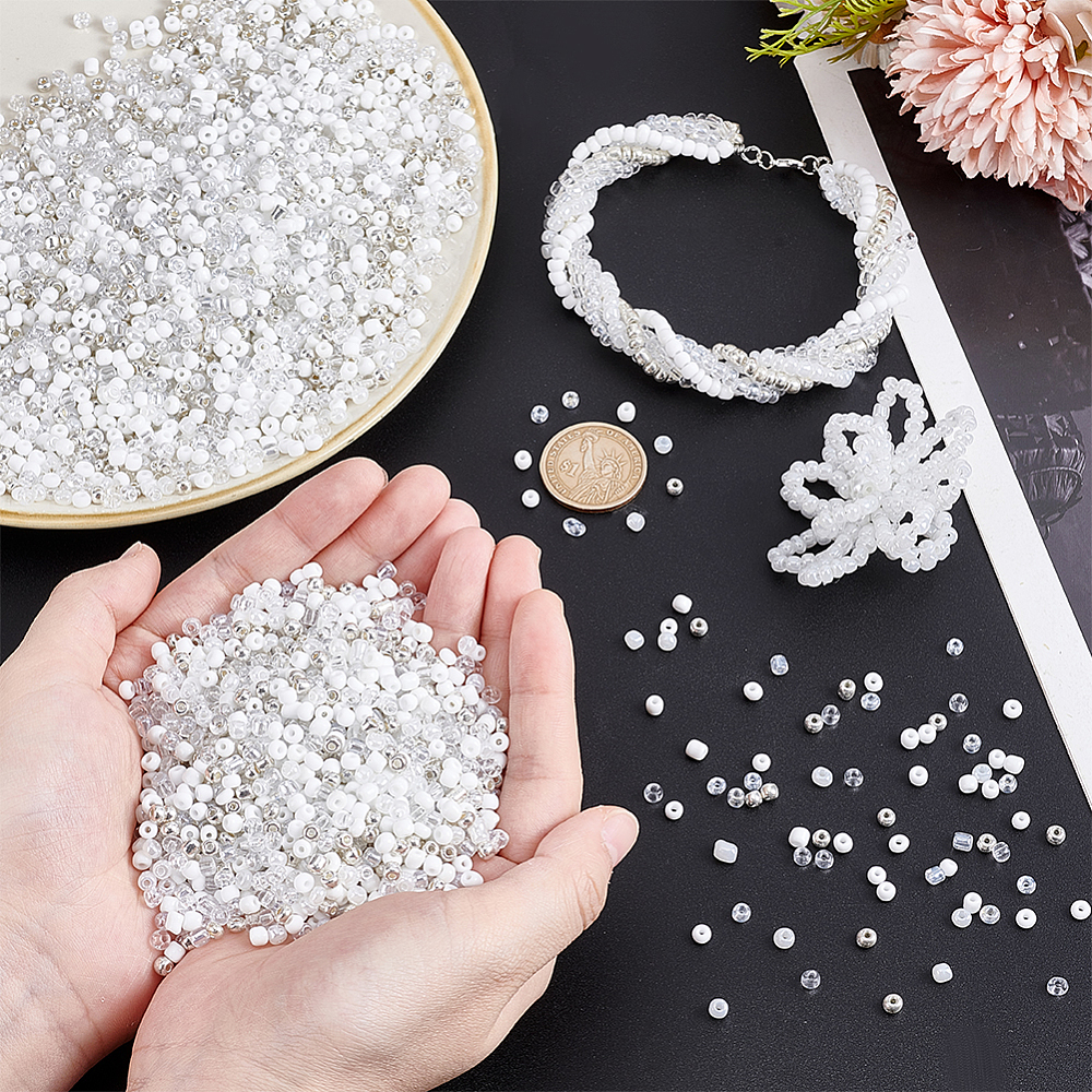 1 Set 4200Pcs 6 Styles Glass Seed Beads Mixed Styles Round White 6/0 4~5mm Hole: 1.5mm 700pcs/style