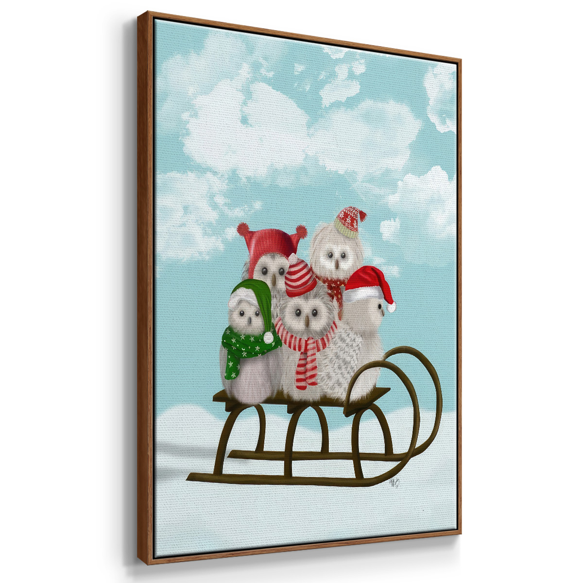 Christmas Christmas Owl Sled - Framed Gallery Wrapped Holiday Canvas - 27 x 41 - Rosewood Frame
