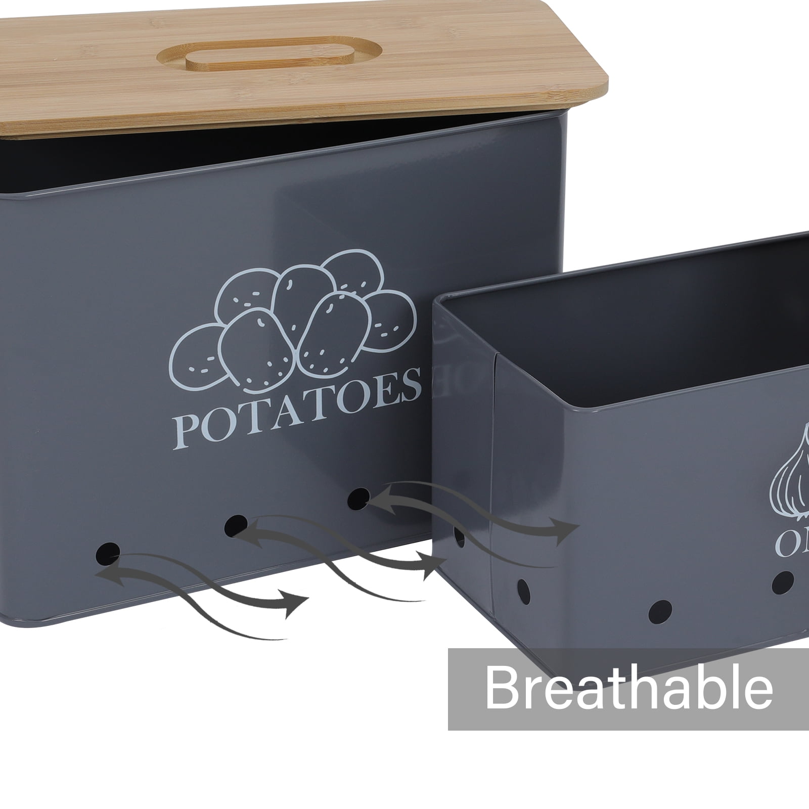 Pethiy Potato and Onion Storage Canisters - 2-Pack Kitchen Storage Bin Set, Durable Potato Storage Box with Aerating Holes for Freshness and Long Shelf Life,Gray