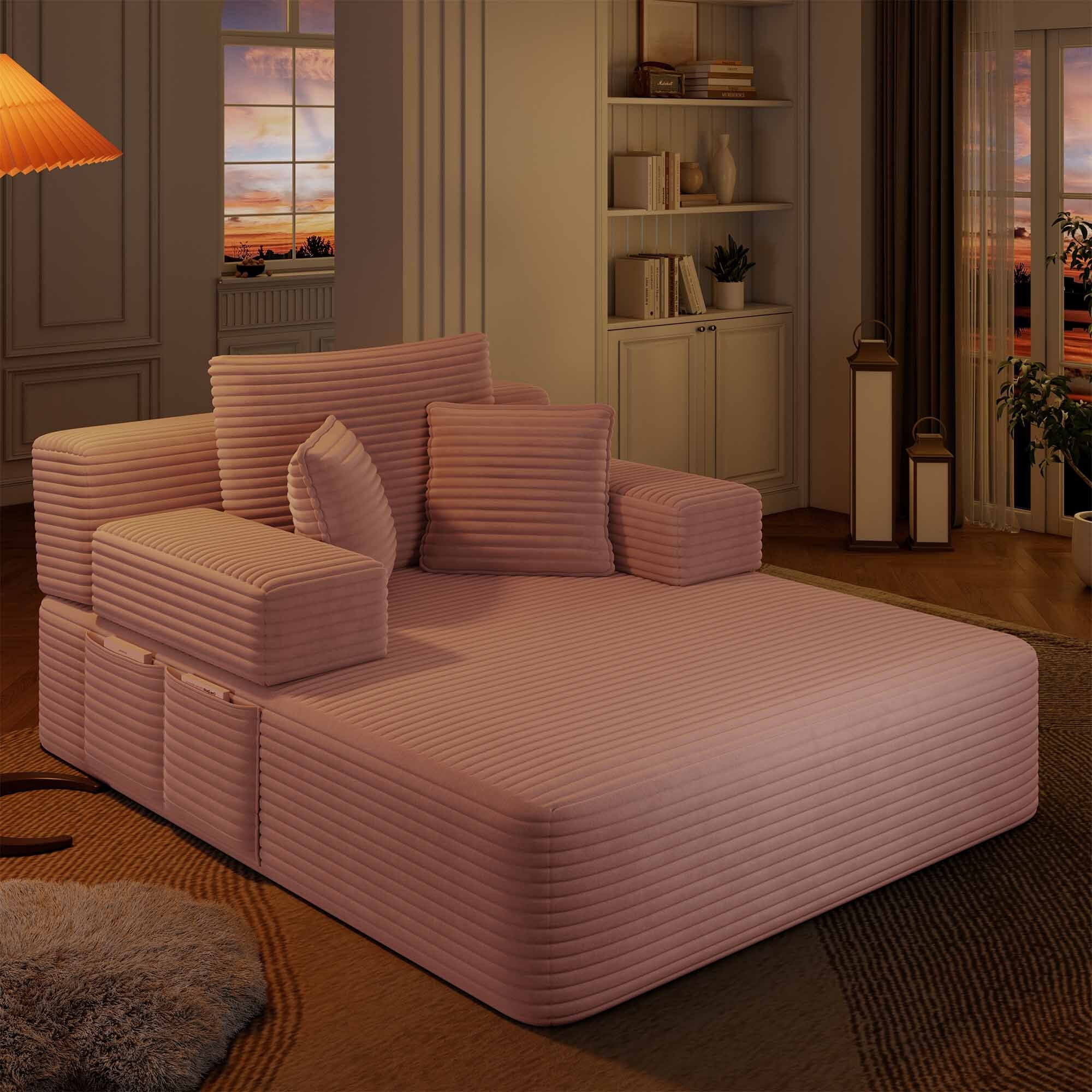 Lunale Boneless Chaise Lounge Chair Indoor, Oversized Convertible Sofa Bed, Cloud Corduroy Sofa Chair for Living Room, Pink