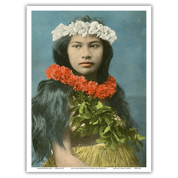 Beautiful Hawaiian Girl with Flower Leis - Vintage Hawaiian Hand-Colored Postcard - Master Art Print (Unframed) 9in x 12in