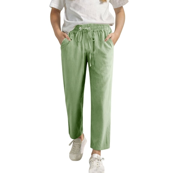 OGLCCG Cotton Linen Pants for Girls Elastic High Waist Straight Leg Trousers with Pockets Summer Lightweight Casual Comfy Yoga Pants 4-14 Years