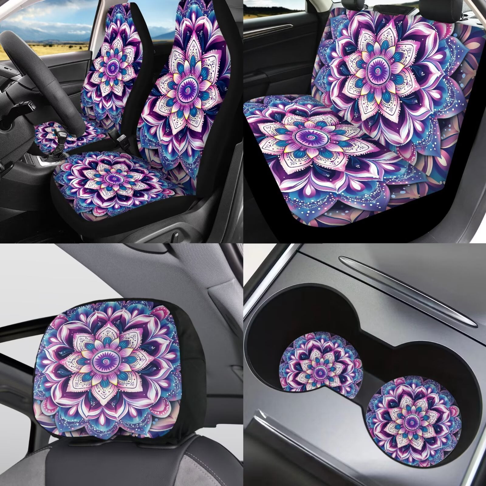 Jeiento Purple Boho Mandala Car Seat Covers Full Set with Headrest Covers, Auto Keychain Holder, Cup Coasters, Gear Shift Cover, Handbrake Cover, 11 Piece Automobile Interior Sets