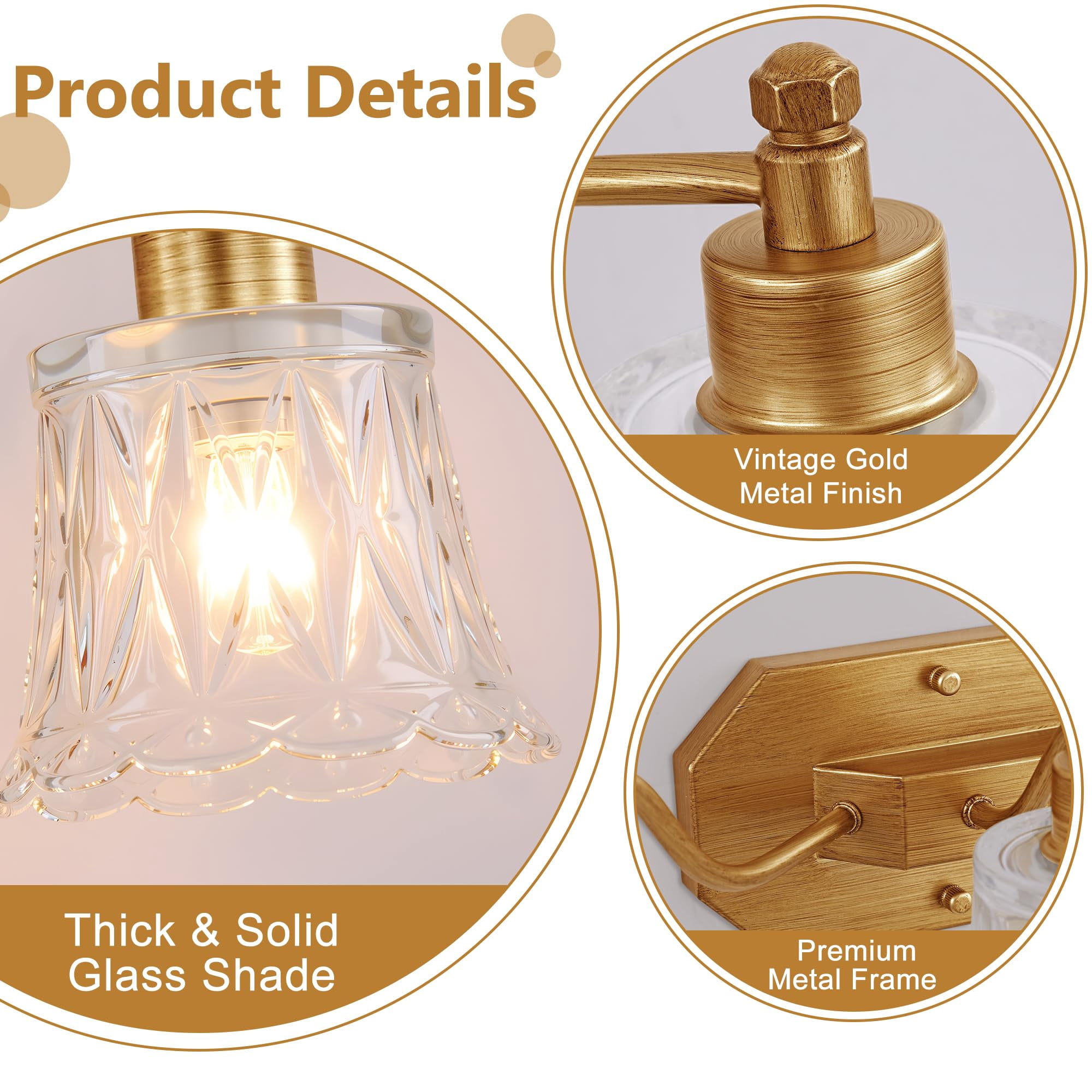 22" Gold Bathroom Light Fixture  3 Brass Vintage Vanity Antique Finish With Crystal Glass Shade Suit For Bedroom Or Hallway