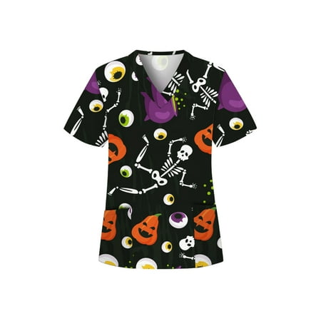 

CUE AIR Women Casual Tunic Shirts Halloween Cartoon Print Loose V Neck Scrub Tops Workwear Short Sleeve Pullover Top Shirts
