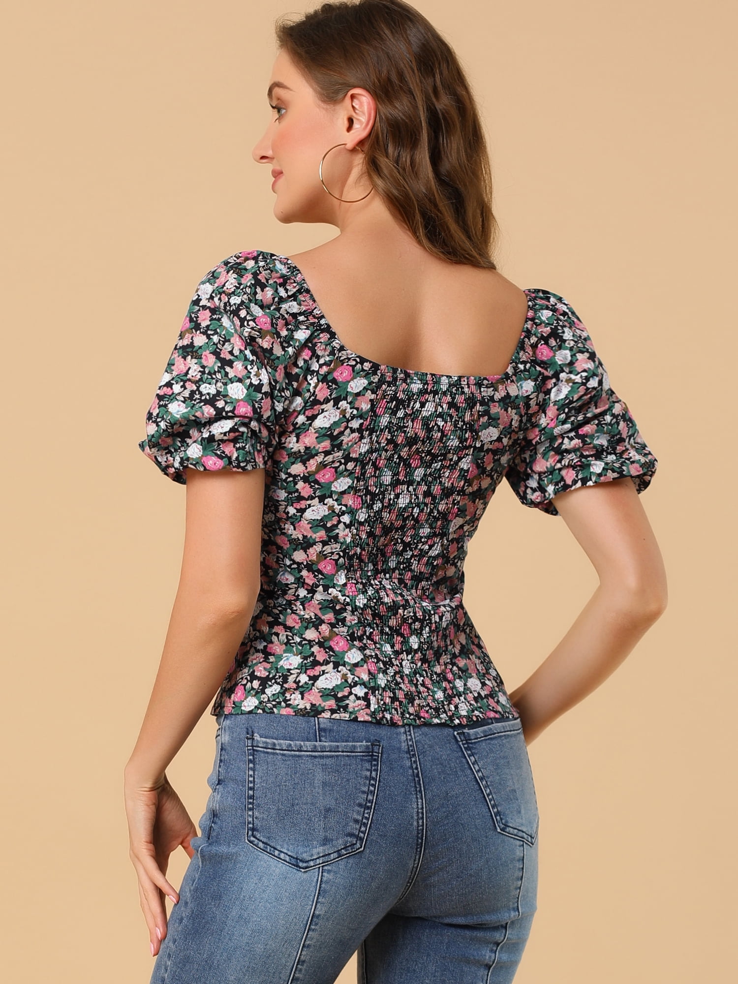 DARING DIVA Puff Sleeve Sweetheart Neck Smocked Floral Top XL Black