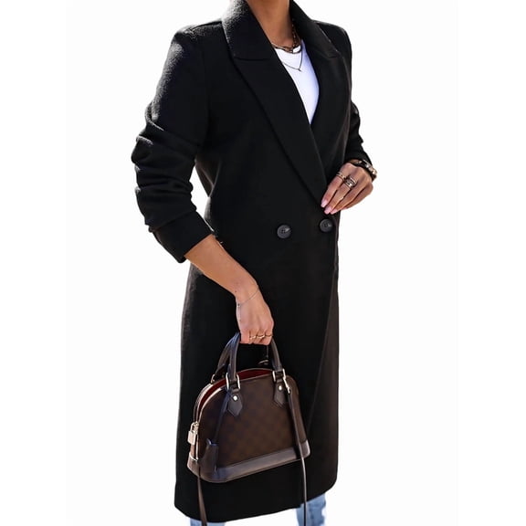 Women Long Wool Coats for Fall Winter Trench Coat Peacoat Double Breasted Blazer Jackets Overcoat Black M