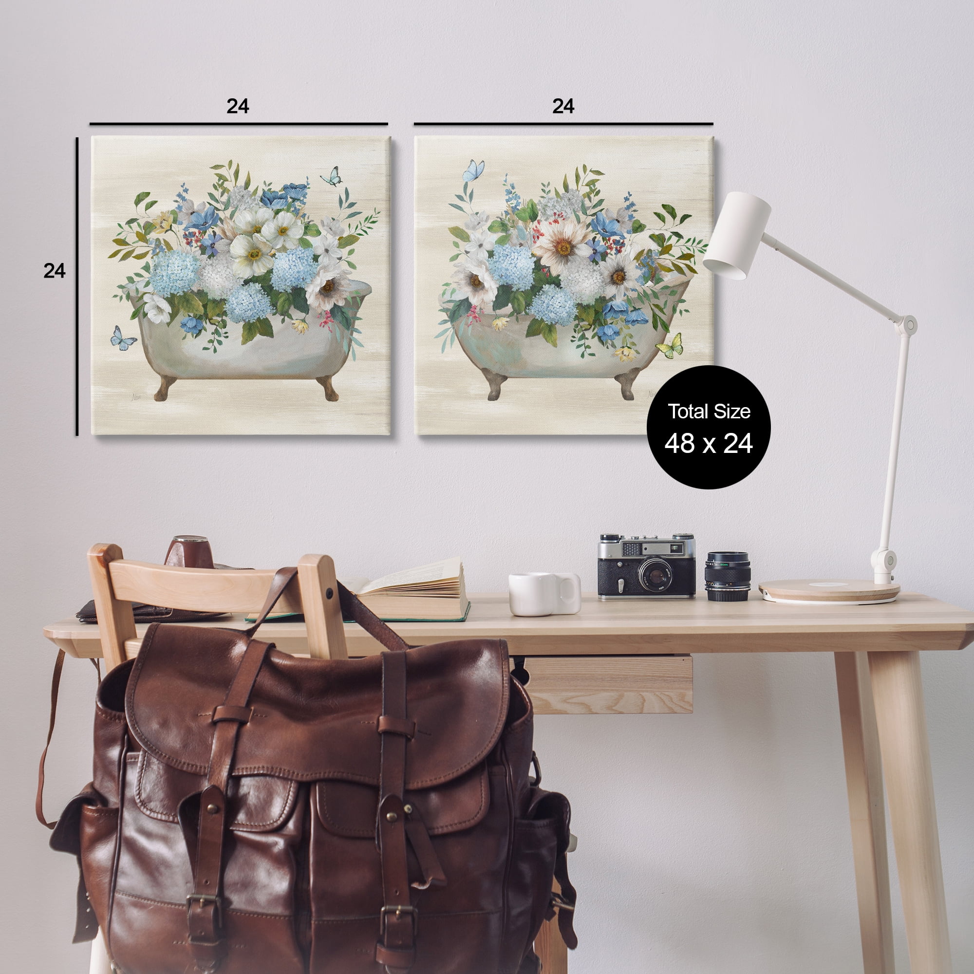 Stupell Industries Butterfly Hydrangea Bathtub Bath & Laundry Painting Wrapped Canvas Art Print Wall Art, 24 x 24, Set of 2