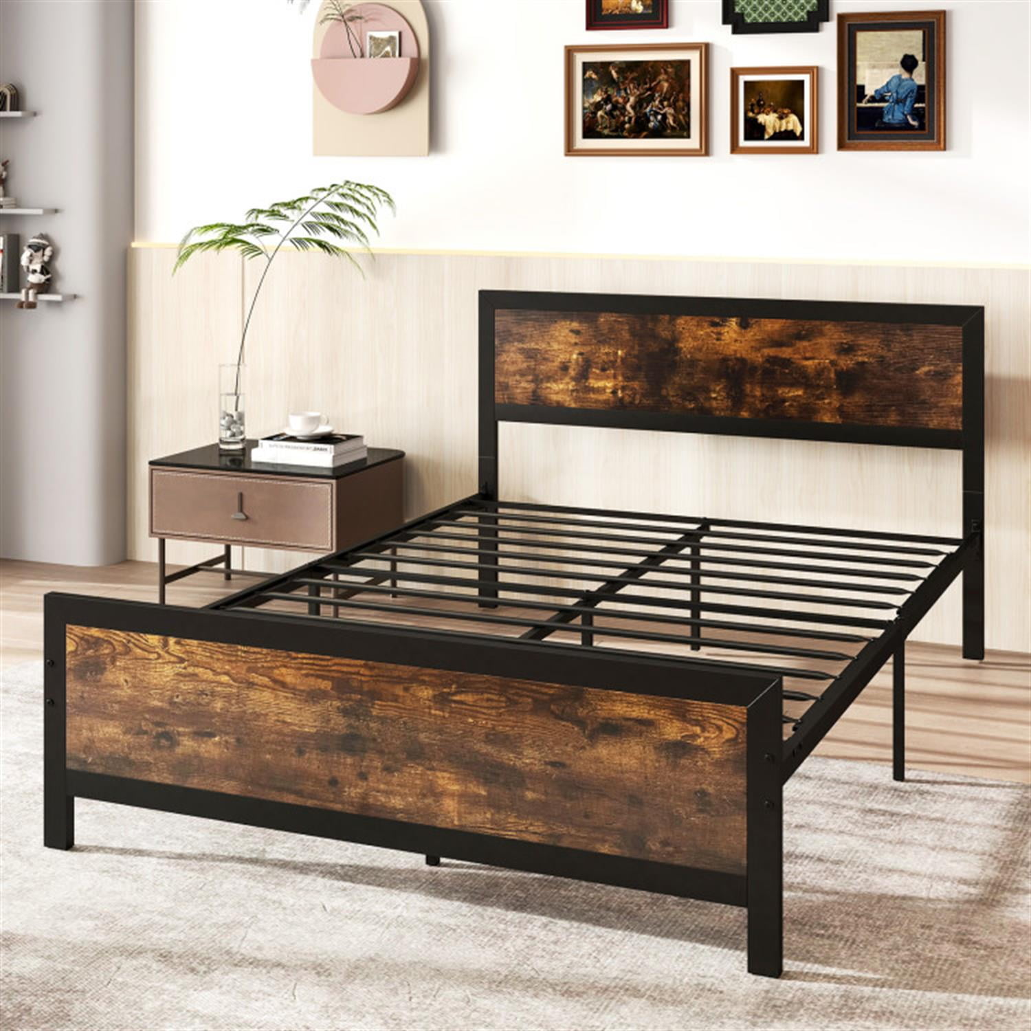 Demi Bonn Full Size Bed Frame with Headboard and Footboard, Modern Metal Platform Bed Frame with Under Bed Storage, No Box Spring Needed, Brown