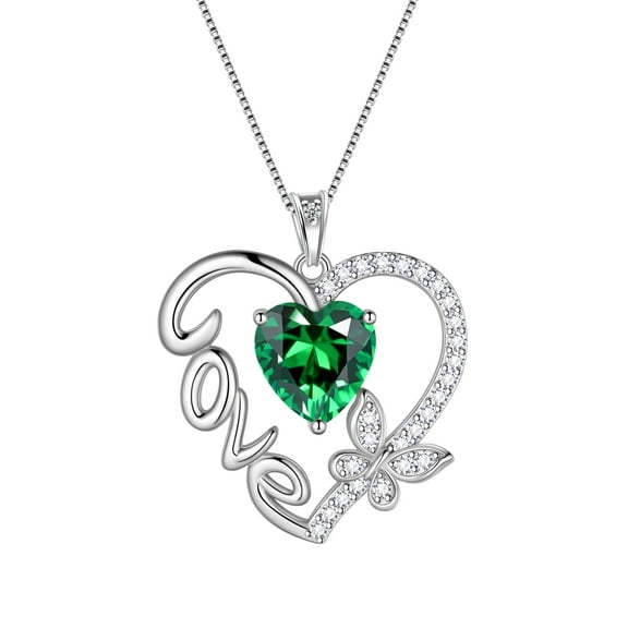 Juwaliy Green Love Heart Necklace Butterfly May Birthstone Necklace Emerald 925 Sterling Silver Jewelry Women Valentine Christmas Birthday Mothers Day Gift Idea