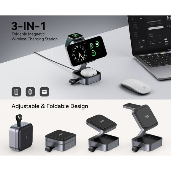 3 in1 Wireless Charging Station for Apple MagSafe Charger, Foldable Magnetic Wireless Charger iPhone 17 Air 16 15 14 13 12 Series, Apple AirPods Pro