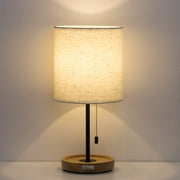 Contemporary Desk Lamp with Metal Frame, Wooden Base, Pull Chain Switch