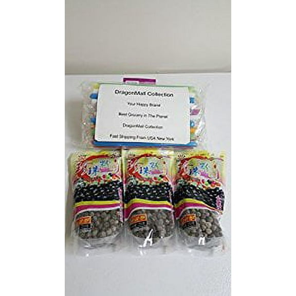 NineChef Bundle - WuFuYuan Collection Includes Three BOBA (Black) Tapioca Pearl "Bubble Tea Ingredients" With additonal 1 Pack of 50 BOBA STRAWS(Variety Color) (Black Three Pack) One NineChef Spoon