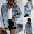 thumbnail image 2 of CaComMARK PI Women's Coat Ladies Casual Solid Color Long Sleeve Pocket Button Denim Jacket Coat Blue, 2 of 9