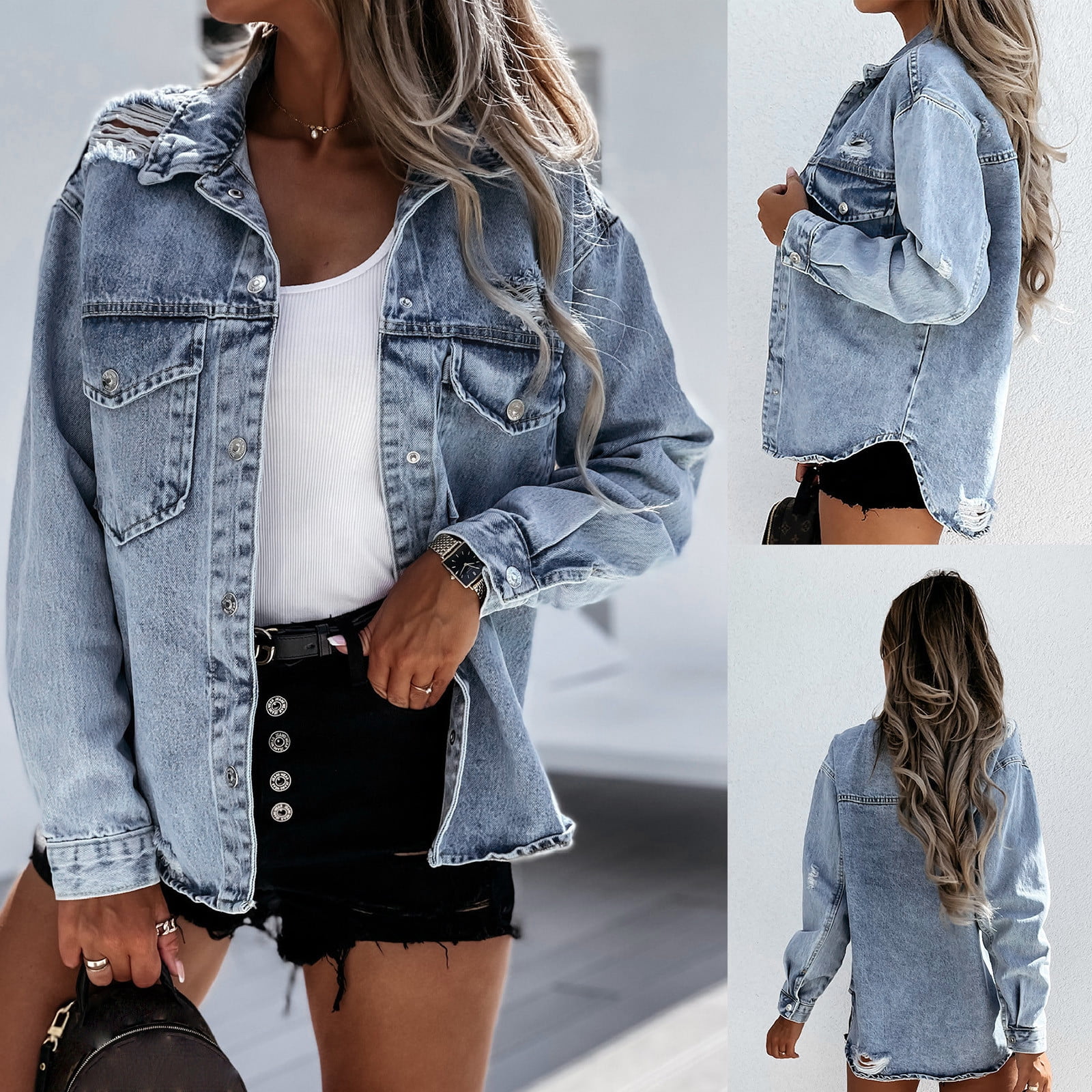 Veste en Jean pour Femmes Delavee Boutonnee Dechiree Extensible Veste en Jean Decontractee avec Poches