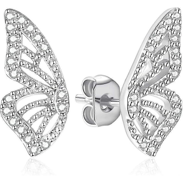 Butterfly Wing Earrings(a Pair)18k Gold Plated Simulated Diamond Silver Stud Earrings, Tiny Butterfly Cartilage Earrings For Women