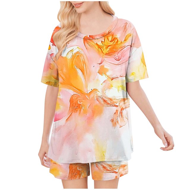Aqestyerly Ensemble de Pyjama Décontracté pour Femmes, Imprimé Teinture sur Nœuds, Manches Courtes Col Rond avec Pantalon, Confortable pour l'Été