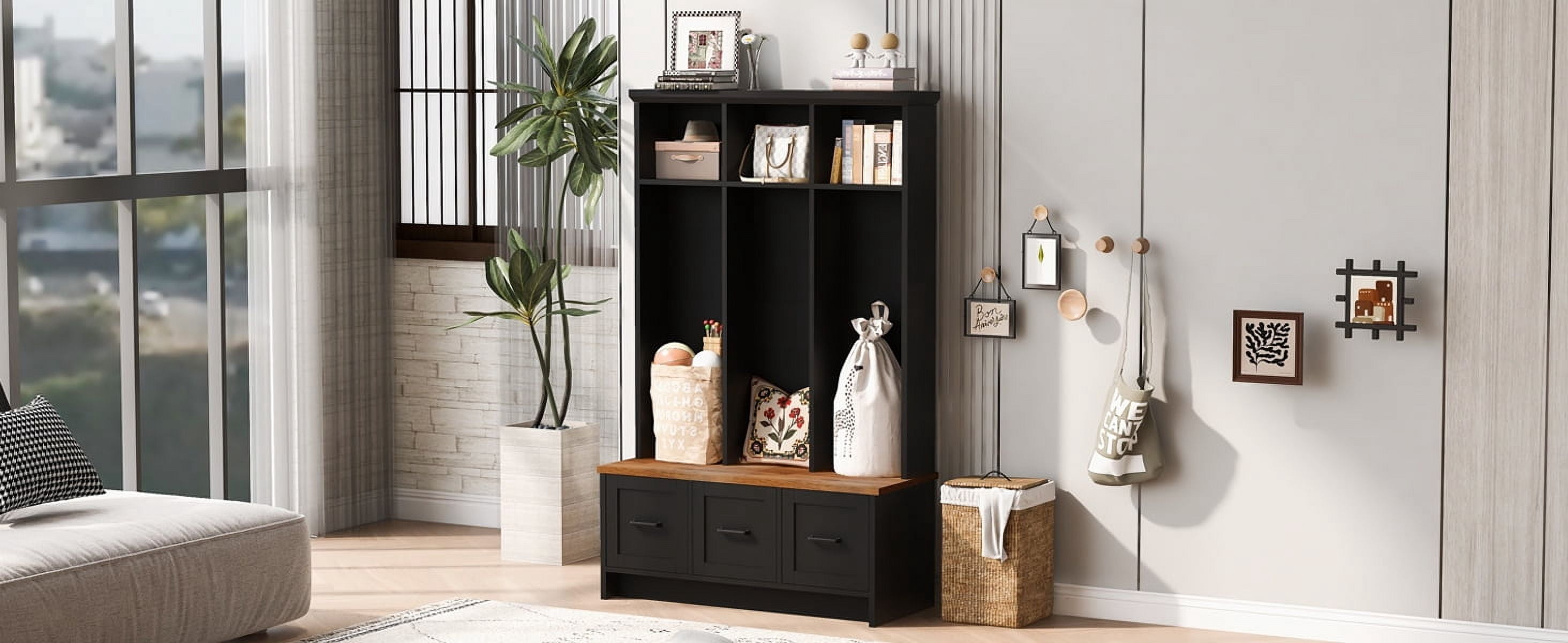 Euroco 40.2'' Wide Hall Tree with Storage Bench,Modern Hall Tree with Entryway Bench, 3 Shelves and Drawers