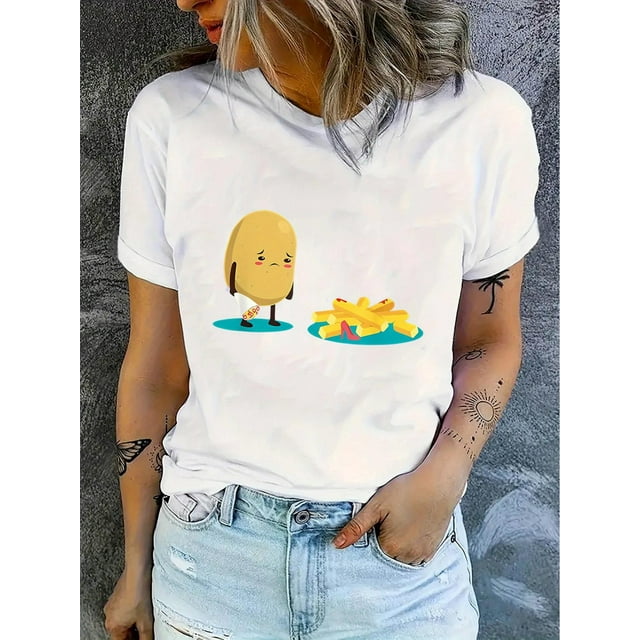 Women'S Casual Crew Neck T-Shirt with Creative Potato & French Fries Print, Fashionable Short Sleeve Top, Polyester 95% Spandex 5%, Medium Stretch, All Season Wear