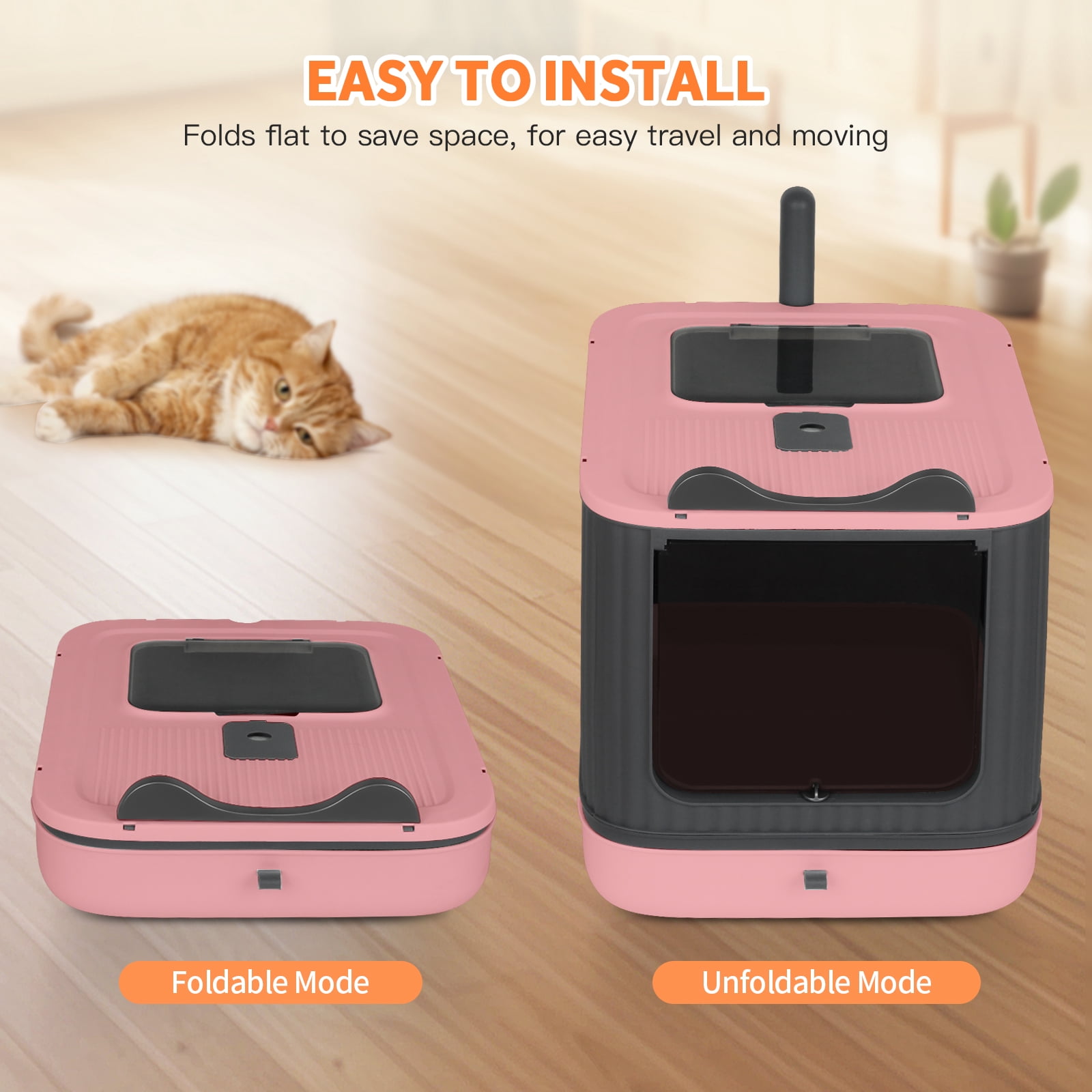 PHANCIR Enclosed Cat Litter Box with Lid, Easy to Clean with Includes Scoop & 4 Charcoal Deodorizer Bags,Pink