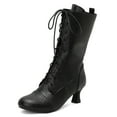 thumbnail image 5 of Black Women'S Lace-Up Mid-Calf Boots With Round Toe And Flat Design For Everyday Winter Outfits Comfortable Pu Leather Construction, 5 of 6
