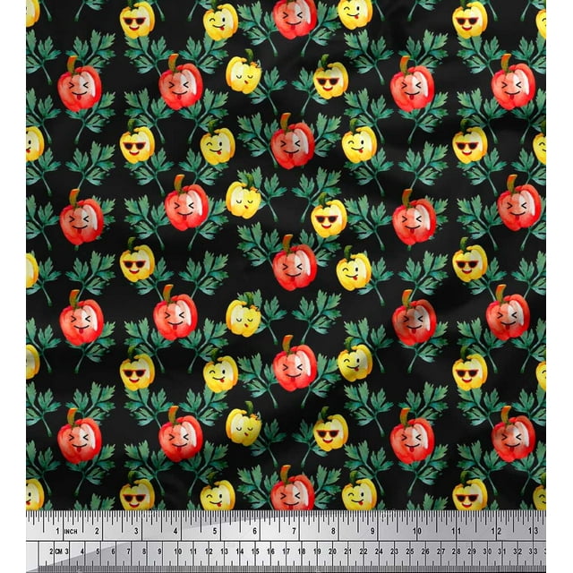 Soimoi Black Poly Georgette Fabric Leaves & Colorful Capsicum Vegetable Print Sewing Fabric Yard 52 Inch Wide