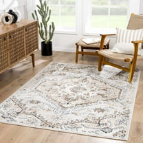 Hauteloom Mudgee Oriental 7'9" x 9'6" Living Room Boho Large Area Rug - Bohemian Farmhouse Indoor Carpet - Vintage Distressed Medallion Motif - Soft & Neutral - Tan, Brown, Cream, Beige