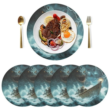 

Round Placemats Plate Mats 15 Inch Non-Slip Heat Resistant Washable PVC Set Table Decoration for Kitchen Dining Angry Sea Monster