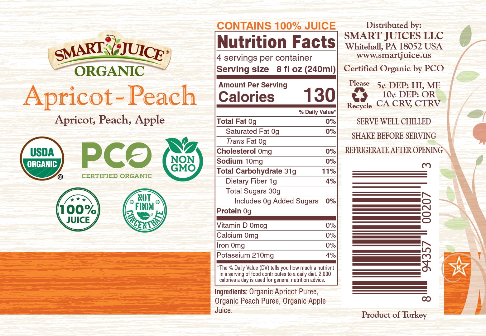 Smart Juice Organic Apricot Peach Juice - 100% Juice, Not From Concentrate - 33.8 fl oz (1L) - (case of 6)