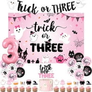 Halloween 3rd Birthday Decorations for Girls, Trick Or Three Backdrop Glitter Paper Banner Cake Topper, Pink Black Ghost Balloons Halloween Third Birthday Party Supplies