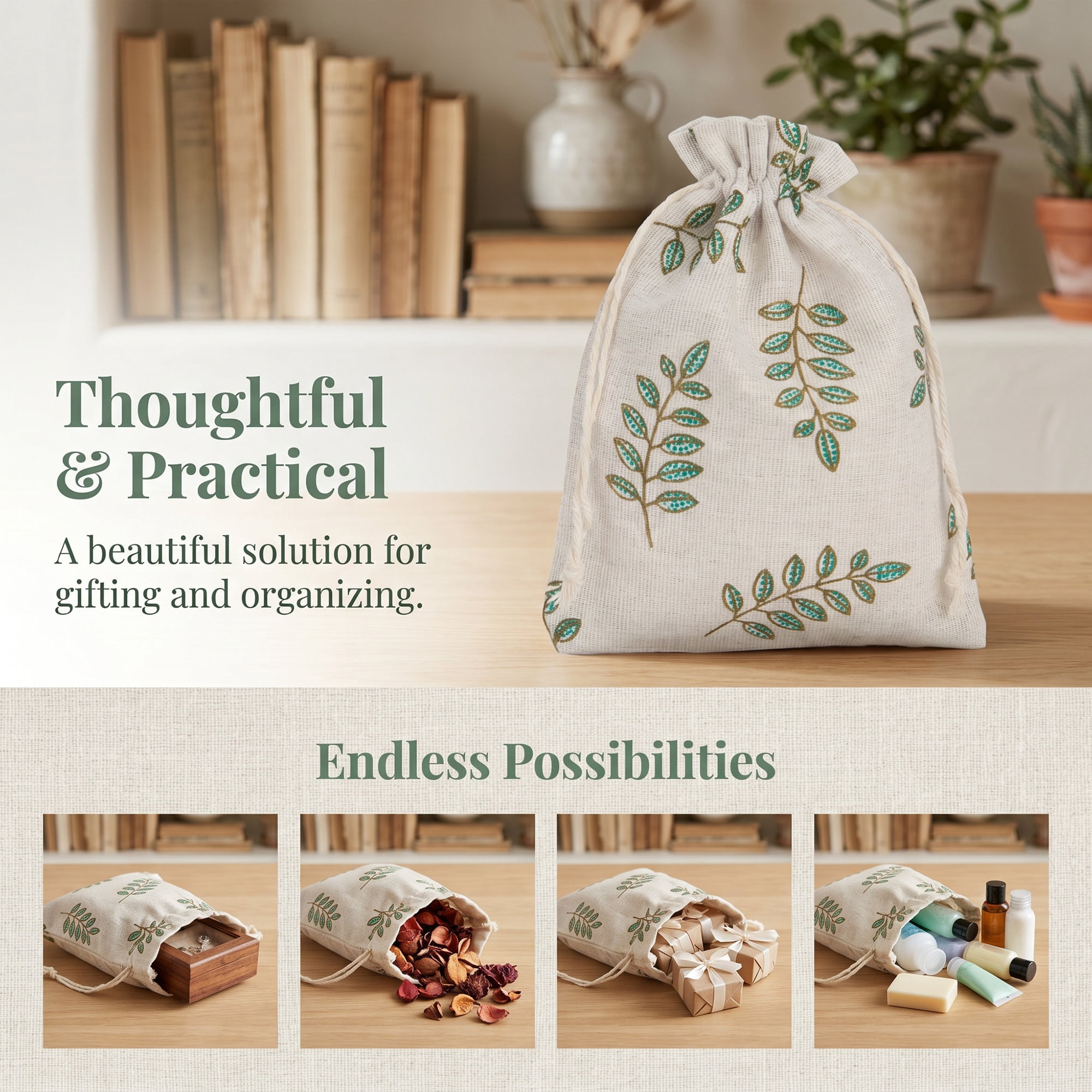 Unique Bargains Drawstring Gift Bags with Handles for Occasions Green Leaf 5.1" x 7.1"