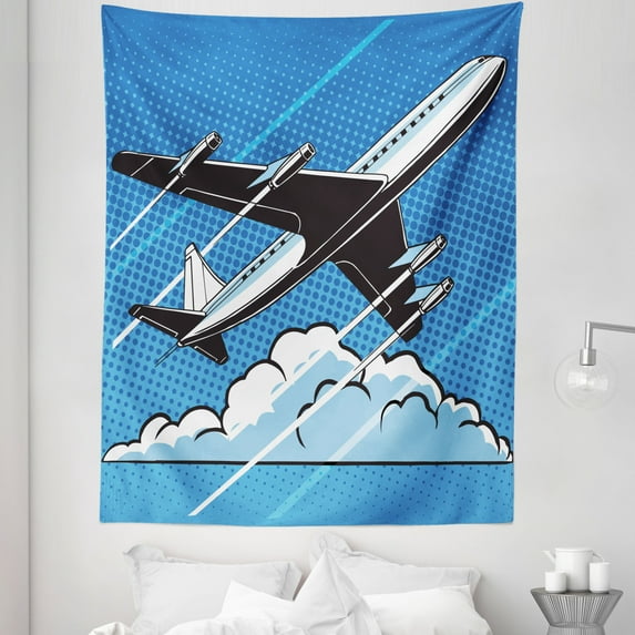 Airport Tapestry, Pop Art Take Off Plane and Clouds on Polka Dots, Fabric Wall Hanging Decor for Bedroom Living Room Dorm, 5 Sizes, Azure Blue Sky Blue, by Ambesonne