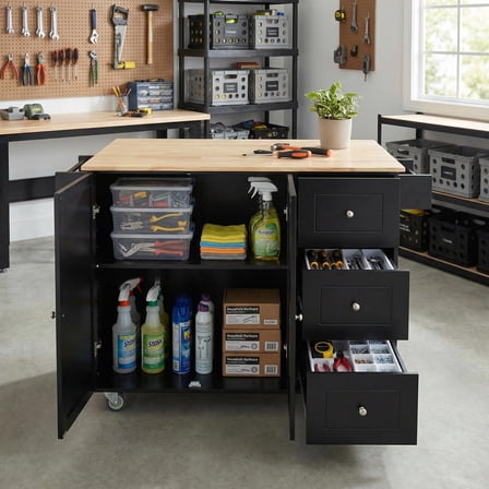 Homy Casa Rolling Garage Storage Cabinet with Solid Wood Top, Drawers and Locking Wheels