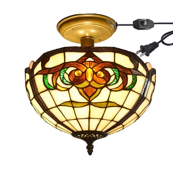 Kiven 11.8in Flush Mount Ceiling Light Fixture Dimmable, 2-Light Anti Glare Close to Ceiling Light with 15FT Plug-in Cord, Tiffany-Style Glass Chandelier for Bedroom Kitchen Hallway(No.3183)